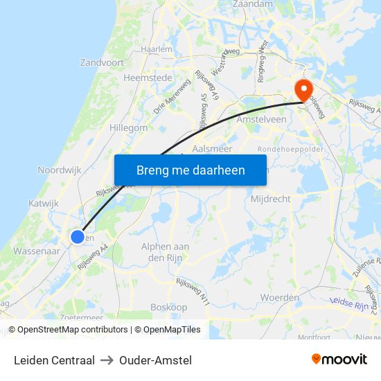 Leiden Centraal to Ouder-Amstel map