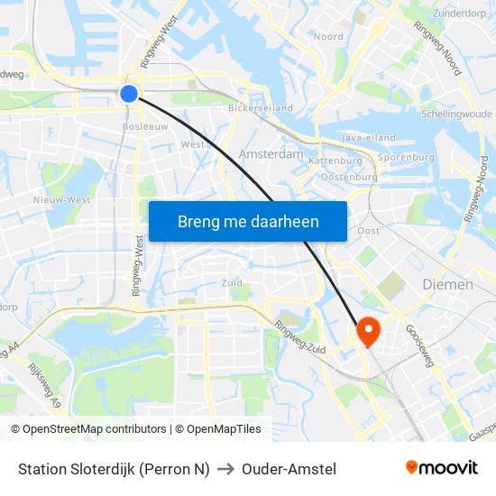 Station Sloterdijk (Perron N) to Ouder-Amstel map