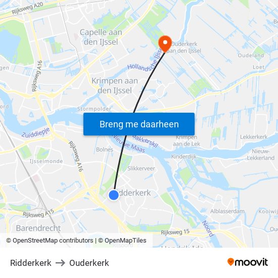 Ridderkerk to Ouderkerk map