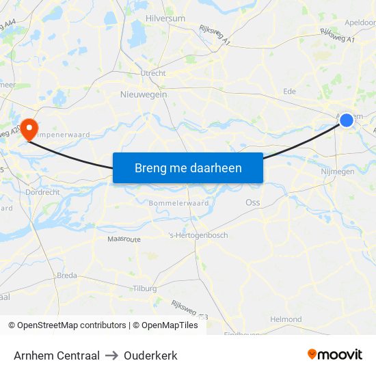 Arnhem Centraal to Ouderkerk map