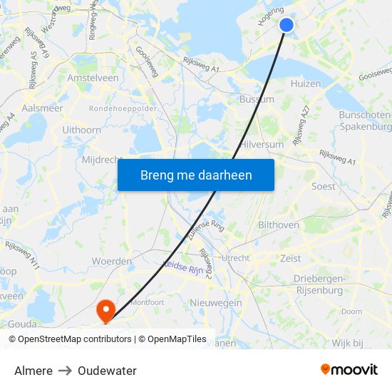 Almere to Oudewater map