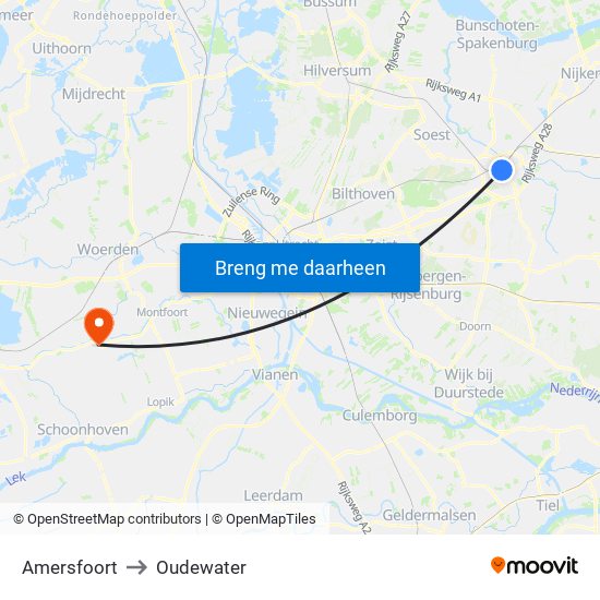 Amersfoort to Oudewater map