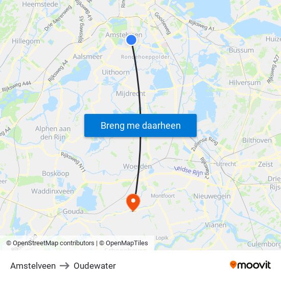 Amstelveen to Oudewater map