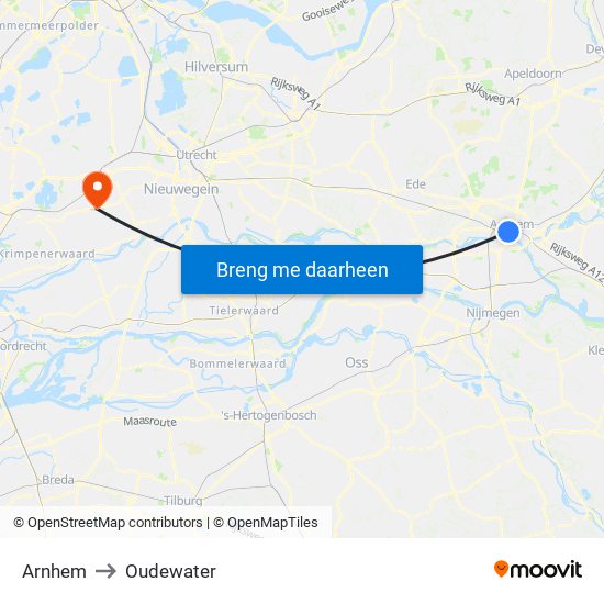 Arnhem to Oudewater map