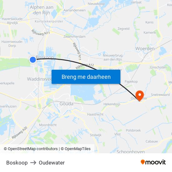 Boskoop to Oudewater map