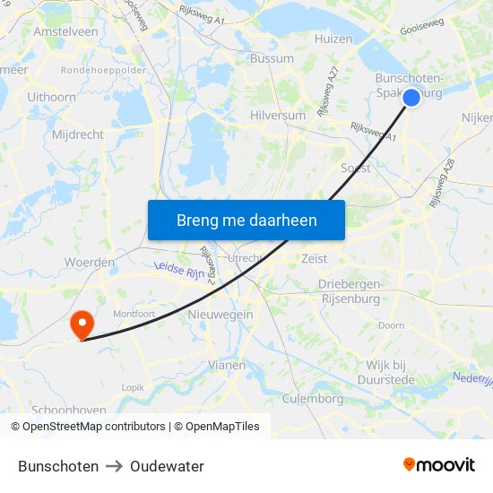 Bunschoten to Oudewater map