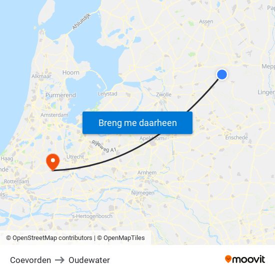 Coevorden to Oudewater map