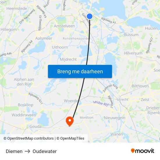 Diemen to Oudewater map