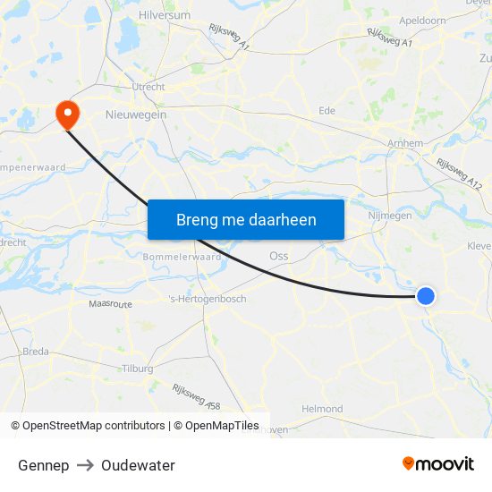 Gennep to Oudewater map