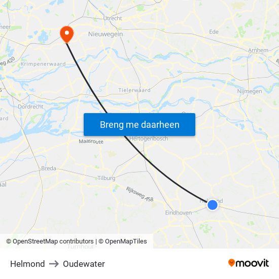 Helmond to Oudewater map