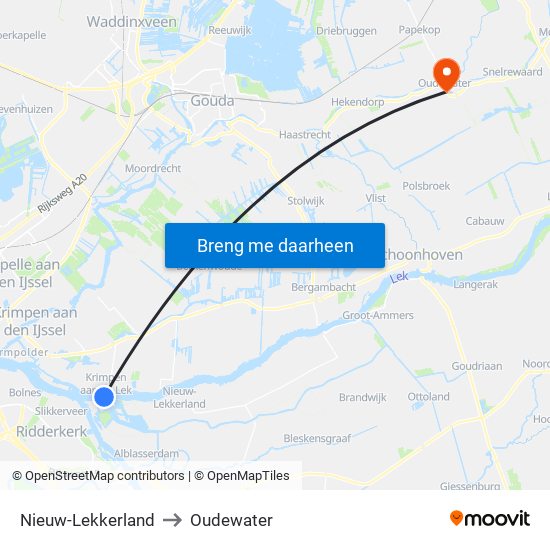 Nieuw-Lekkerland to Oudewater map