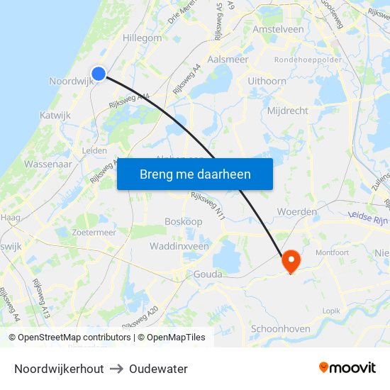 Noordwijkerhout to Oudewater map