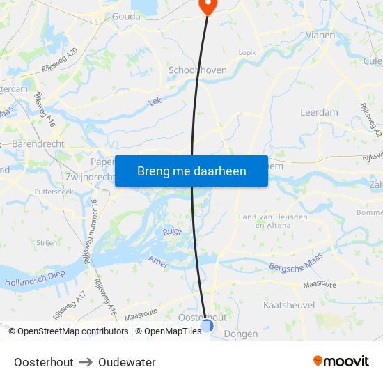 Oosterhout to Oudewater map