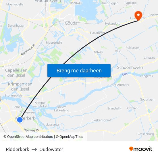 Ridderkerk to Oudewater map