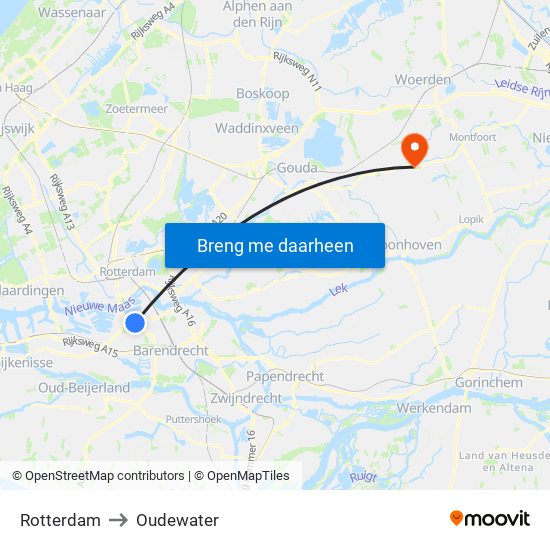 Rotterdam to Oudewater map