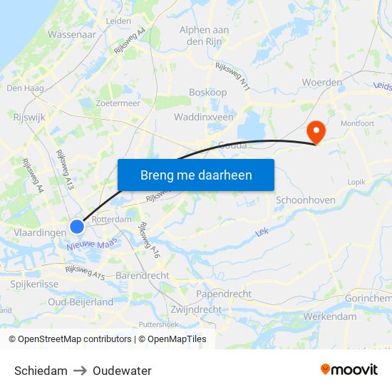 Schiedam to Oudewater map