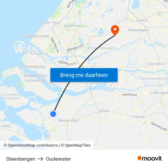 Steenbergen to Oudewater map