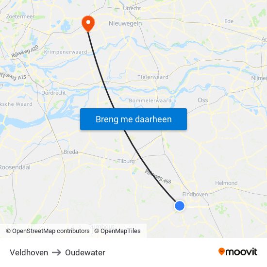 Veldhoven to Oudewater map