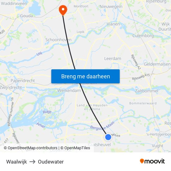 Waalwijk to Oudewater map