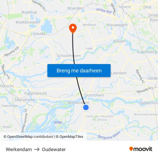 Werkendam to Oudewater map