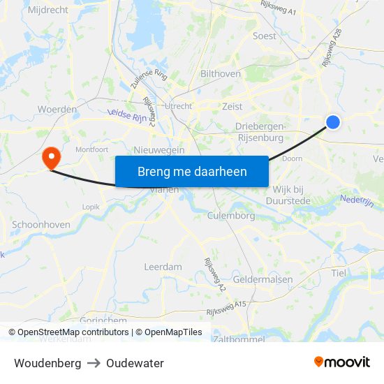 Woudenberg to Oudewater map