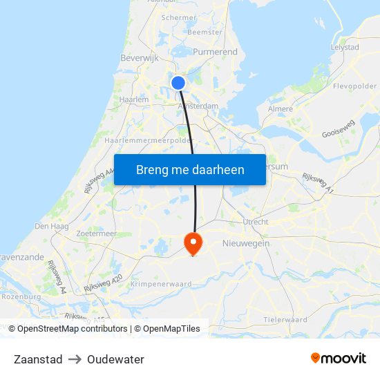 Zaanstad to Oudewater map