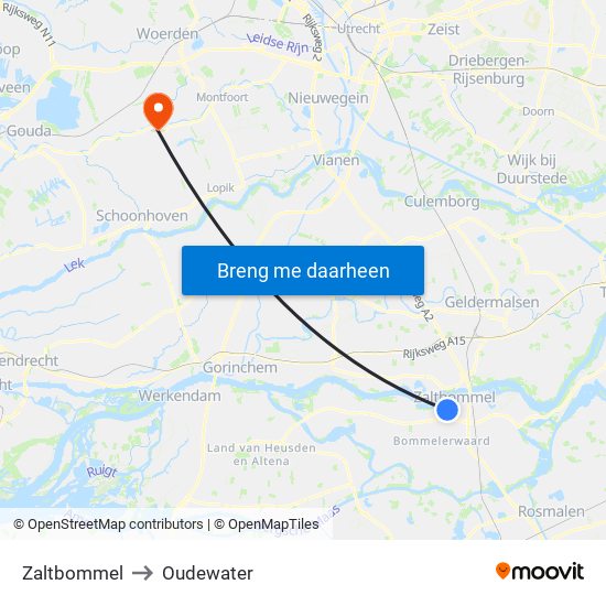 Zaltbommel to Oudewater map