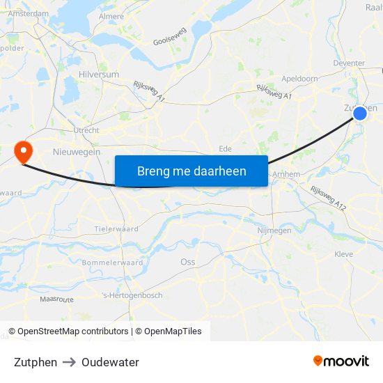 Zutphen to Oudewater map