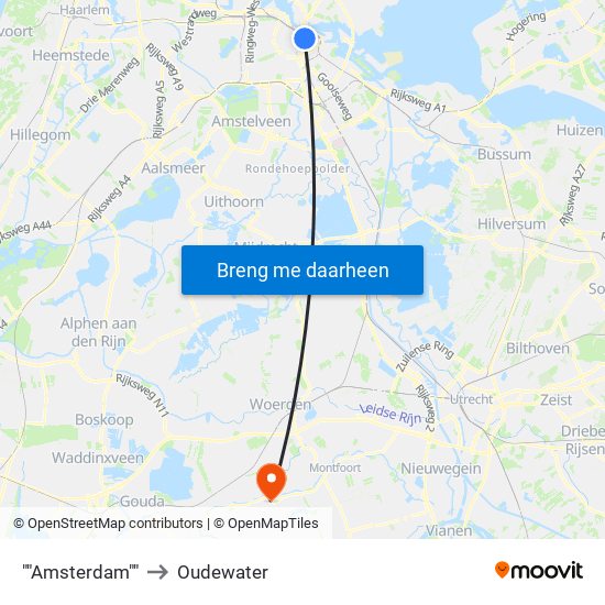 ""Amsterdam"" to Oudewater map