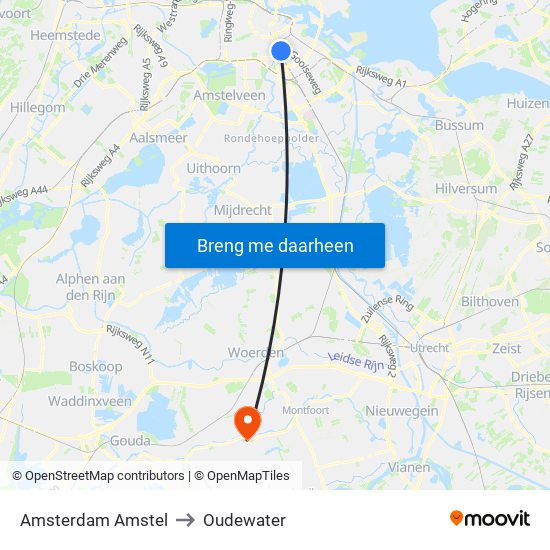 Amsterdam Amstel to Oudewater map