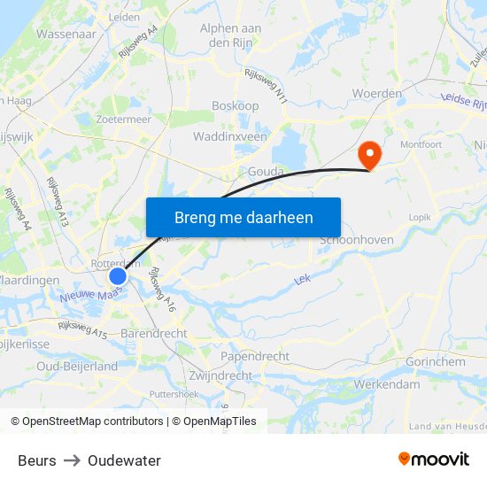 Beurs to Oudewater map
