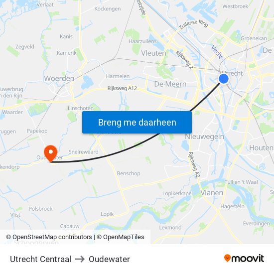 Utrecht Centraal to Oudewater map