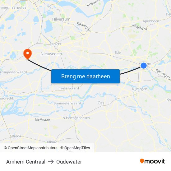 Arnhem Centraal to Oudewater map