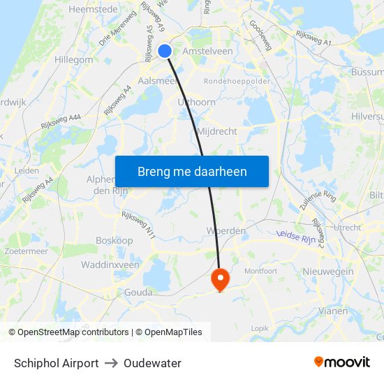 Schiphol Airport to Oudewater map