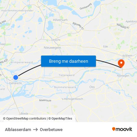 Alblasserdam to Overbetuwe map