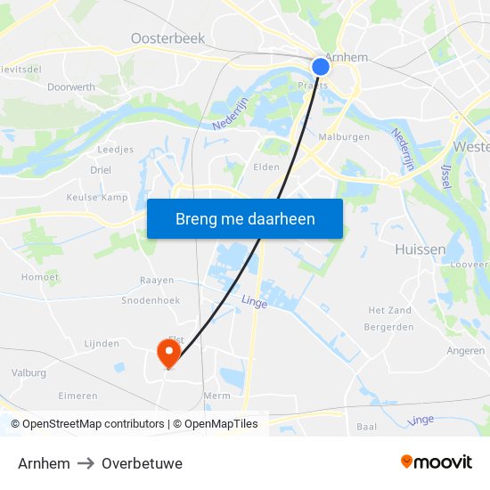 Arnhem to Overbetuwe map