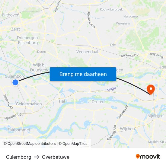 Culemborg to Overbetuwe map