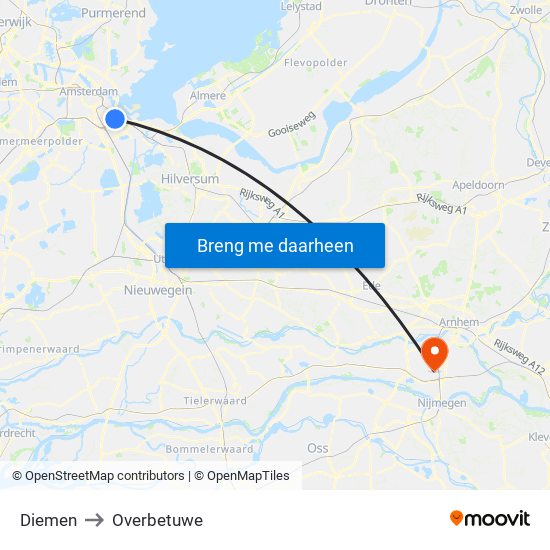 Diemen to Overbetuwe map