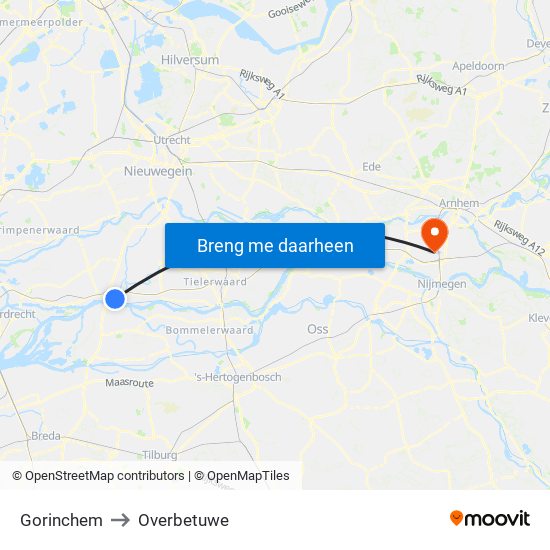 Gorinchem to Overbetuwe map