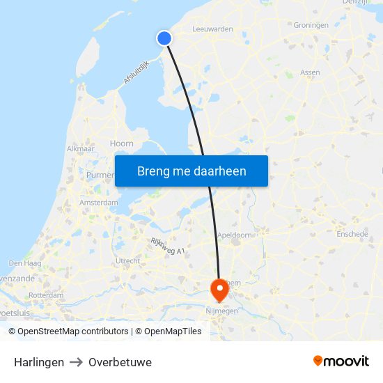 Harlingen to Overbetuwe map