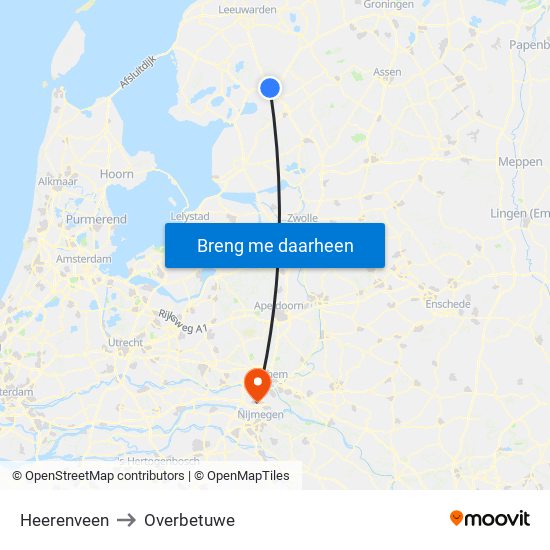 Heerenveen to Overbetuwe map