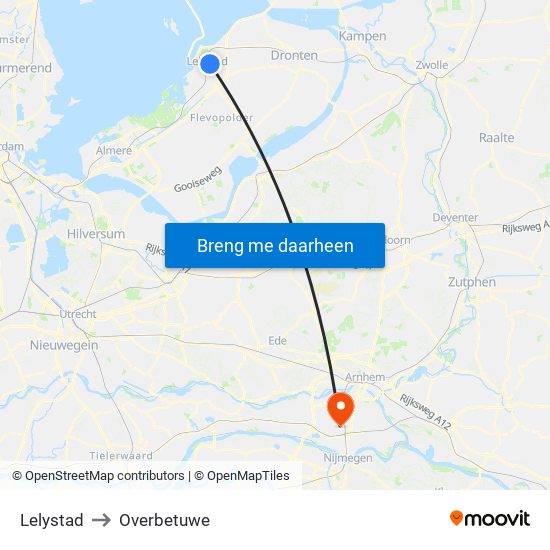 Lelystad to Overbetuwe map