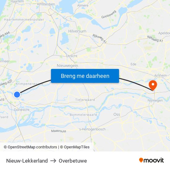 Nieuw-Lekkerland to Overbetuwe map