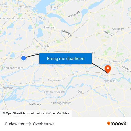 Oudewater to Overbetuwe map