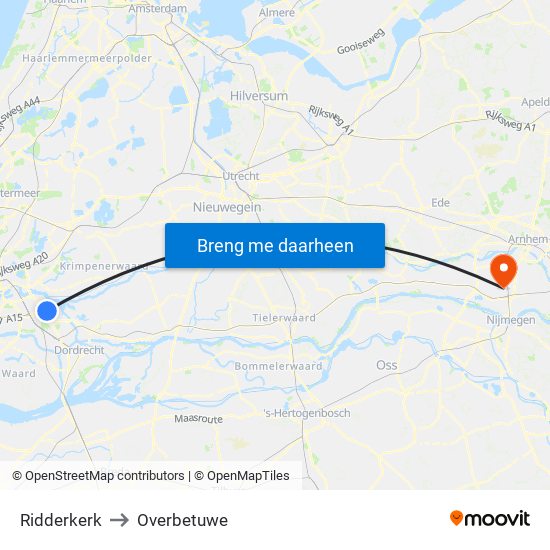 Ridderkerk to Overbetuwe map