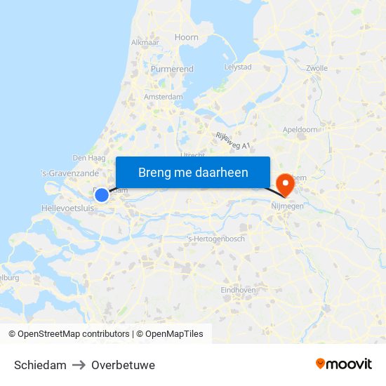 Schiedam to Overbetuwe map