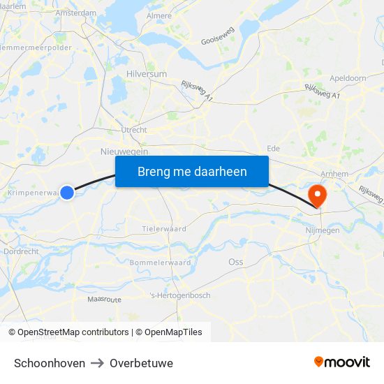 Schoonhoven to Overbetuwe map