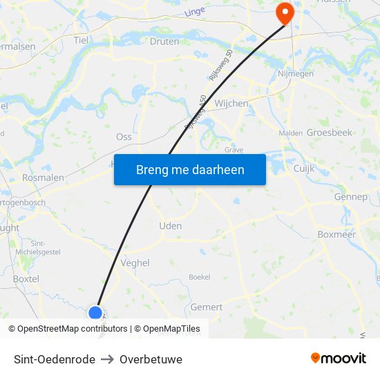 Sint-Oedenrode to Overbetuwe map