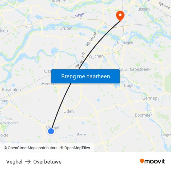 Veghel to Overbetuwe map