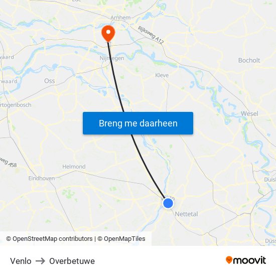 Venlo to Overbetuwe map